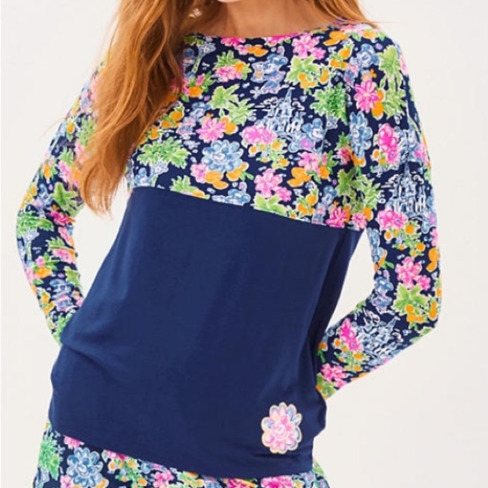 Lilly Pulitzer Navy Multicolor Floral Blocked Long Sleeve Top